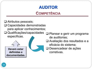 14
 Atributos pessoais;
 Capacidades demonstradas
para aplicar conhecimentos;
 Qualificações/capacidades
específicas.
 Planear e gerir um programa
de auditorias;
 Avaliação dos resultados e a
eficácia do sistema;
 Desencadear de ações
corretivas.
Devem estar
definidas e
documentadas.
 