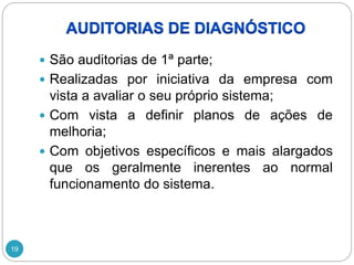 19
 São auditorias de 1ª parte;
 Realizadas por iniciativa da empresa com
vista a avaliar o seu próprio sistema;
 Com vista a definir planos de ações de
melhoria;
 Com objetivos específicos e mais alargados
que os geralmente inerentes ao normal
funcionamento do sistema.
 