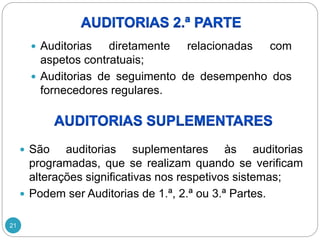 21
 Auditorias diretamente relacionadas com
aspetos contratuais;
 Auditorias de seguimento de desempenho dos
fornecedores regulares.
 São auditorias suplementares às auditorias
programadas, que se realizam quando se verificam
alterações significativas nos respetivos sistemas;
 Podem ser Auditorias de 1.ª, 2.ª ou 3.ª Partes.
 