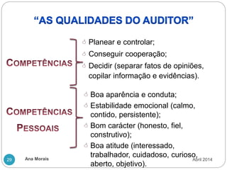 Ana Morais
29
 Planear e controlar;
 Conseguir cooperação;
 Decidir (separar fatos de opiniões,
copilar informação e evidências).
 Boa aparência e conduta;
 Estabilidade emocional (calmo,
contido, persistente);
 Bom carácter (honesto, fiel,
construtivo);
 Boa atitude (interessado,
trabalhador, cuidadoso, curioso,
aberto, objetivo).
Abril 2014
 