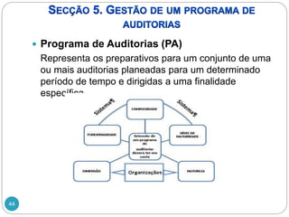 44
 Programa de Auditorias (PA)
Representa os preparativos para um conjunto de uma
ou mais auditorias planeadas para um determinado
período de tempo e dirigidas a uma finalidade
específica.
 