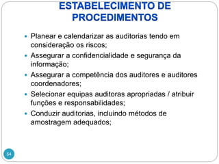 54
 Planear e calendarizar as auditorias tendo em
consideração os riscos;
 Assegurar a confidencialidade e segurança da
informação;
 Assegurar a competência dos auditores e auditores
coordenadores;
 Selecionar equipas auditoras apropriadas / atribuir
funções e responsabilidades;
 Conduzir auditorias, incluindo métodos de
amostragem adequados;
 