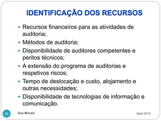Ana Morais
56
 Recursos financeiros para as atividades de
auditoria;
 Métodos de auditoria;
 Disponibilidade de auditores competentes e
peritos técnicos;
 A extensão do programa de auditorias e
respetivos riscos;
 Tempo de deslocação e custo, alojamento e
outras necessidades;
 Disponibilidade de tecnologias de informação e
comunicação.
Abril 2014
 