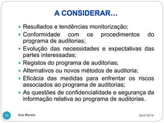 Ana Morais
70
 Resultados e tendências monitorização;
 Conformidade com os procedimentos do
programa de auditorias;
 Evolução das necessidades e expectativas das
partes interessadas;
 Registos do programa de auditorias;
 Alternativos ou novos métodos de auditoria;
 Eficácia das medidas para enfrentar os riscos
associados ao programa de auditorias;
 As questões de confidencialidade e segurança da
informação relativa ao programa de auditorias.
Abril 2014
 