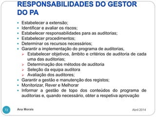Ana Morais
72
 Estabelecer a extensão;
 Identificar e avaliar os riscos;
 Estabelecer responsabilidades para as auditorias;
 Estabelecer procedimentos;
 Determinar os recursos necessários;
 Garantir a implementação do programa de auditorias,
 Estabelecer objetivos, âmbito e critérios de auditoria de cada
uma das auditorias;
 Determinação dos métodos de auditoria
 Seleção da equipa auditora
 Avaliação dos auditores;
 Garantir a gestão e manutenção dos registos;
 Monitorizar, Rever e Melhorar
 Informar a gestão de topo dos conteúdos do programa de
auditorias e, quando necessário, obter a respetiva aprovação
Abril 2014
 