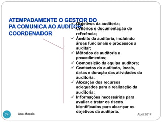 Ana Morais
74
 Objetivos da auditoria;
 Critérios e documentação de
referência;
 Âmbito da auditoria, incluindo
áreas funcionais e processos a
auditar;
 Métodos de auditoria e
procedimentos;
 Composição da equipa auditora;
 Contactos do auditado, locais,
datas e duração das atividades da
auditoria;
 Alocação dos recursos
adequados para a realização da
auditoria;
 Informações necessárias para
avaliar e tratar os riscos
identificados para alcançar os
objetivos da auditoria.
Abril 2014
 
