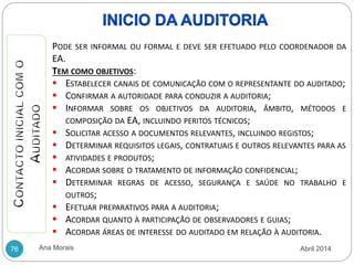 Ana Morais
76
PODE SER INFORMAL OU FORMAL E DEVE SER EFETUADO PELO COORDENADOR DA
EA.
TEM COMO OBJETIVOS:
 ESTABELECER CANAIS DE COMUNICAÇÃO COM O REPRESENTANTE DO AUDITADO;
 CONFIRMAR A AUTORIDADE PARA CONDUZIR A AUDITORIA;
 INFORMAR SOBRE OS OBJETIVOS DA AUDITORIA, ÂMBITO, MÉTODOS E
COMPOSIÇÃO DA EA, INCLUINDO PERITOS TÉCNICOS;
 SOLICITAR ACESSO A DOCUMENTOS RELEVANTES, INCLUINDO REGISTOS;
 DETERMINAR REQUISITOS LEGAIS, CONTRATUAIS E OUTROS RELEVANTES PARA AS
 ATIVIDADES E PRODUTOS;
 ACORDAR SOBRE O TRATAMENTO DE INFORMAÇÃO CONFIDENCIAL;
 DETERMINAR REGRAS DE ACESSO, SEGURANÇA E SAÚDE NO TRABALHO E
OUTROS;
 EFETUAR PREPARATIVOS PARA A AUDITORIA;
 ACORDAR QUANTO À PARTICIPAÇÃO DE OBSERVADORES E GUIAS;
 ACORDAR ÁREAS DE INTERESSE DO AUDITADO EM RELAÇÃO À AUDITORIA.
Abril 2014
 