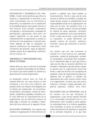 El Balance Social como Herramienta de Auditoría Organizacional


INTEGRACIÓN Y DESARROLLO DEL PER-                           sectores o públicos que hacen posible su
SONAL. Existen otros beneficios que ofrece la               funcionamiento. Frente a cada uno de estos
empresa u organización al personal y que                    sectores se definen las variables a estudiar las
están relacionados con su crecimiento y                     cuales buscan evaluar el cumplimiento de la
desarrollo y no solamente con la satisfacción               responsabilidad social de la organización con
de necesidades básicas como puede referirse el              cada uno de ellos. Por ejemplo frente a la
ítem anterior. Estas variable e indicadores                 familia se pueden evaluar servicios prestados
corresponde a: comunicaciones, estrategias de               en materia de salud, educación, recreación,
participación, capacitación, entre otros. Un                préstamos económicos, entre otros beneficios.
aspecto importante en este punto es que                     Frente a cada uno de ellos, y para efectos de
tradicionalmente la capacitación se evalúa en               su evaluación, se puede determinar por
términos de # de programas e inversión sola-                ejemplo número de servicios, cobertura,
mente dejando de lado la evaluación de                      inversión, causas que motivaron el servicio,
aspectos cualitativos tan importantes como                  entre otros.
crecimiento del personal, logro de objetivos,
cambios a partir de la capacitación, maximiza-              Los sectores que con más frecuencia se
ción de recursos, etc.                                      evalúan en el área externa son: jubilados,
                                                            accionistas, canales de distribución, acreedo-
VARIABLES E INDICADORES DEL                                 res, proveedores, consumidor final, competen-
ÁREA EXTERNA                                                cia. Es importante dejar en claro que frente a
                                                            cada uno de ellos es necesario identificar las
Hemos dicho ya, que en esta área se pretende                variables e indicadores que permitirán evaluar
evaluar la gestión relacionada con los diferen-             la gestión que la organización desarrolla
tes sectores que hacen posible la existencia y              frente a cada uno de ellos con el propósito de
desarrollo de la misma organización.                        establecer metas de mejoramiento progresivo.
                                                            Aspectos que en general se evalúan son
La proyección externa tiene un nivel de                     expectativas que estos sectores tienen frente
impacto diferente; con unos sectores es más                 a la organización, servicios que ésta presta,
inmediata y con otros más indirecta, por                    cobertura, inversión, empleo generado, pro-
ejemplo existe una relación más obligante con               gramas especiales, créditos, entre otros.
la familia del colaborador, los accionistas,
consumidores, proveedores, canales de distri-               RELACIONES CON LA COMUNIDAD. Uno de
bución, competencia, jubilados, acreedores, etc.            los sectores con los que interactúa la
El nivel diferente de relacionamiento de la                 organización, y que merece especial atención
organización con los diferentes sectores ha                 es la comunidad entendiendo ésta en tres
dado lugar a clasificar las variables e indica-             dimensiones: local, sociedad y sector público.
dores del área externa de la siguiente forma:               La comunidad local es el entorno geográfico
                                                            más inmediato, es quien en muchos casos
RELACIONES PRIMARIAS. Son aquellas que                      recibe directamente los beneficios o perjuicios
establece la organización en forma directa con              de la actividad industrial, es la que hace

                                                   · 36 ·
 