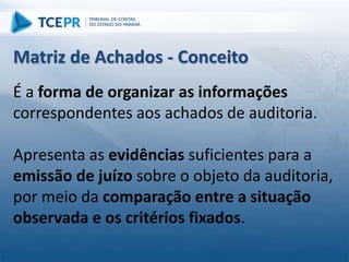 É a forma de organizar as informações
correspondentes aos achados de auditoria.
Apresenta as evidências suficientes para a
emissão de juízo sobre o objeto da auditoria,
por meio da comparação entre a situação
observada e os critérios fixados.
Matriz de Achados - Conceito
 