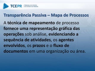 A técnica de mapeamento de processo
fornece uma representação gráfica das
operações sob análise, evidenciando a
sequência de atividades, os agentes
envolvidos, os prazos e o fluxo de
documentos em uma organização ou área.
Transparência Passiva – Mapa de Processos
 