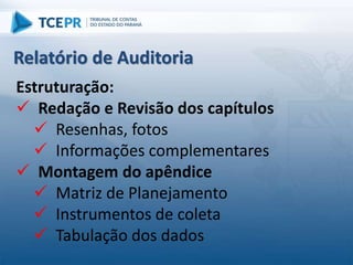 Estruturação:
 Redação e Revisão dos capítulos
 Resenhas, fotos
 Informações complementares
 Montagem do apêndice
 Matriz de Planejamento
 Instrumentos de coleta
 Tabulação dos dados
Relatório de Auditoria
 
