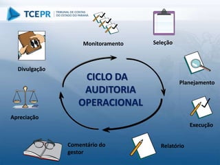 Planejamento
Execução
Comentário do
gestor
Apreciação
Divulgação
CICLO DA
AUDITORIA
OPERACIONAL
Monitoramento Seleção
Relatório
 