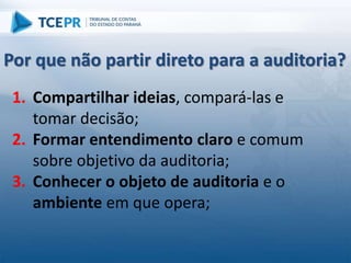 1. Compartilhar ideias, compará-las e
tomar decisão;
2. Formar entendimento claro e comum
sobre objetivo da auditoria;
3. Conhecer o objeto de auditoria e o
ambiente em que opera;
Por que não partir direto para a auditoria?
 