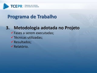 3. Metodologia adotada no Projeto
Fases a serem executadas;
Técnicas utilizadas;
Resultados;
Relatório.
Programa de Trabalho
 