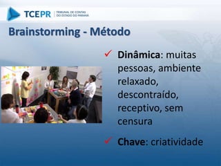  Dinâmica: muitas
pessoas, ambiente
relaxado,
descontraído,
receptivo, sem
censura
 Chave: criatividade
Brainstorming - Método
 