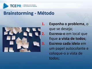 1. Exponha o problema, o
que se deseja;
2. Escreva-o em local que
fique a vista de todos;
3. Escreva cada ideia em
um papel autocolante e
coloque-o a vista de
todos;
Brainstorming - Método
 