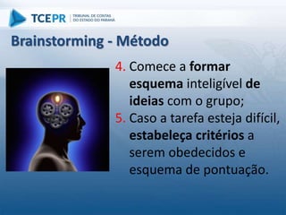 4. Comece a formar
esquema inteligível de
ideias com o grupo;
5. Caso a tarefa esteja difícil,
estabeleça critérios a
serem obedecidos e
esquema de pontuação.
Brainstorming - Método
 