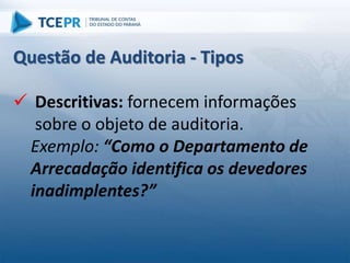  Descritivas: fornecem informações
sobre o objeto de auditoria.
Exemplo: “Como o Departamento de
Arrecadação identifica os devedores
inadimplentes?”
Questão de Auditoria - Tipos
 