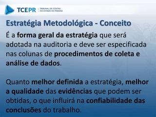 É a forma geral da estratégia que será
adotada na auditoria e deve ser especificada
nas colunas de procedimentos de coleta e
análise de dados.
Quanto melhor definida a estratégia, melhor
a qualidade das evidências que podem ser
obtidas, o que influirá na confiabilidade das
conclusões do trabalho.
Estratégia Metodológica - Conceito
 