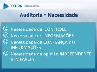  Necessidade de CONTROLE
 Necessidade de INFORMAÇÕES
 Necessidade de CONFIANÇA nas
INFORMAÇÕES
 Necessidade de opinião INDEPENDENTE
e IMPARCIAL
Auditoria = Necessidade
 