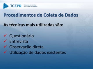 As técnicas mais utilizadas são:
 Questionário
 Entrevista
 Observação direta
 Utilização de dados existentes
Procedimentos de Coleta de Dados
 