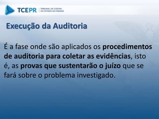 É a fase onde são aplicados os procedimentos
de auditoria para coletar as evidências, isto
é, as provas que sustentarão o juízo que se
fará sobre o problema investigado.
Execução da Auditoria
 
