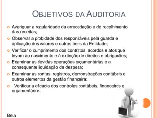 OBJETIVOS DA AUDITORIA
 Averiguar a regularidade da arrecadação e do recolhimento
das receitas;
 Observar a probidade dos responsáveis pela guarda e
aplicação dos valores e outros bens da Entidade;
 Verificar o cumprimento dos contratos, acordos e atos que
levam ao nascimento e à extinção de direitos e obrigações;
 Examinar as devidas operações orçamentárias e a
consequente liquidação da despesa;
 Examinar as contas, registros, demonstrações contábeis e
outros elementos da gestão financeira;
 Verificar a eficácia dos controles contábeis, financeiros e
orçamentários.
Bela
 