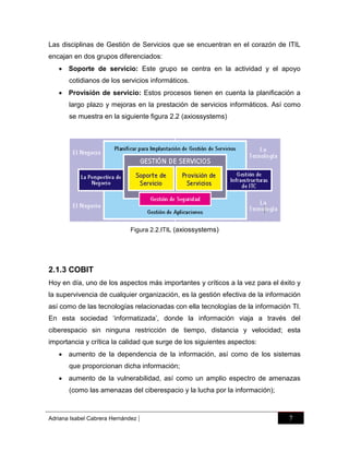 Las disciplinas de Gestión de Servicios que se encuentran en el corazón de ITIL
encajan en dos grupos diferenciados:
 Soporte de servicio: Este grupo se centra en la actividad y el apoyo
cotidianos de los servicios informáticos.
 Provisión de servicio: Estos procesos tienen en cuenta la planificación a
largo plazo y mejoras en la prestación de servicios informáticos. Así como
se muestra en la siguiente figura 2.2 (axiossystems)

Figura 2.2.ITIL (axiossystems)

2.1.3 COBIT
Hoy en día, uno de los aspectos más importantes y críticos a la vez para el éxito y
la supervivencia de cualquier organización, es la gestión efectiva de la información
así como de las tecnologías relacionadas con ella tecnologías de la información TI.
En esta sociedad „informatizada‟, donde la información viaja a través del
ciberespacio sin ninguna restricción de tiempo, distancia y velocidad; esta
importancia y crítica la calidad que surge de los siguientes aspectos:
 aumento de la dependencia de la información, así como de los sistemas
que proporcionan dicha información;
 aumento de la vulnerabilidad, así como un amplio espectro de amenazas
(como las amenazas del ciberespacio y la lucha por la información);

Adriana Isabel Cabrera Hernández

|

7

 