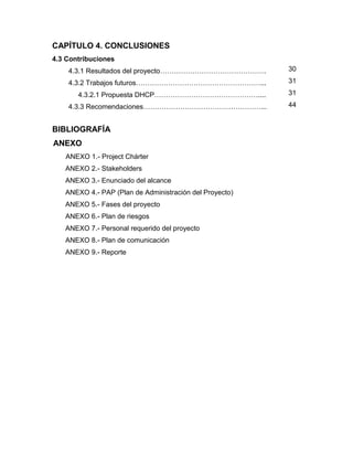 CAPÍTULO 4. CONCLUSIONES
4.3 Contribuciones
4.3.1 Resultados del proyecto……………………………………….

30

4.3.2 Trabajos futuros………………………………………………...

31

4.3.2.1 Propuesta DHCP………………………………………....

31

4.3.3 Recomendaciones……………………………………………...

44

BIBLIOGRAFÍA
ANEXO
ANEXO 1.- Project Chárter
ANEXO 2.- Stakeholders
ANEXO 3.- Enunciado del alcance
ANEXO 4.- PAP (Plan de Administración del Proyecto)
ANEXO 5.- Fases del proyecto
ANEXO 6.- Plan de riesgos
ANEXO 7.- Personal requerido del proyecto
ANEXO 8.- Plan de comunicación
ANEXO 9.- Reporte

 