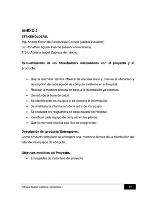 ANEXO 2
STAKEHOLDERS.
Ing. Andrés Ernan de Sandozequi Cornejo (asesor industrial)
Lic. Jonathan Aguilar Pascoe (asesor universitario)
T.S.U Adriana Isabel Cabrera Hernández

Requerimientos de los Stakeholders relacionados con el proyecto y el
producto.
 Que la memoria técnica ofrezca de manera clara y precisa la ubicación y
descripción de cada equipo de cómputo existente en el hospital.
 Realizar la memora técnica en base a la información ya obtenida.
 Llenado de la base de datos.
 Se identificaran los equipos si es correcta la información.
 Se analizara la información de la red y de los equipo.
 Se realizara los resguardos de cada equipo del Hospital
 Identificar cada equipo de cómputo en los planos.
 Que la memoria técnica sea fácil de comprender.
Descripción del producto/ Entregables.
Como producto terminado se entregara una memoria técnica de la distribución del
total de los equipos de cómputo.

Objetivos medibles del Proyecto.
 Entregables de cada fase del proyecto

Adriana Isabel Cabrera Hernández

|

49

 