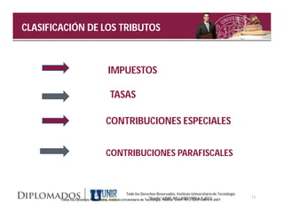 CLASIFICACIÓN DE LOS TRIBUTOS



                                      IMPUESTOS

                                       TASAS

                                    CONTRIBUCIONES ESPECIALES


                                    CONTRIBUCIONES PARAFISCALES



                                                    Todo los Derechos Reservados. Instituto Universitario de Tecnología
                                                                    "Readic" UNIR. Rif J-30001989-6 ® 2012.               11
        Todos los Derechos Reservados. Instituto Universitario de Tecnología "Radica" UNIR. Rif J-30001989-6 © 2007.
 