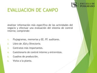 EVALUACION DE CAMPO
Analizar información más específica de las actividades del
negocio y efectuar una evaluación del sistema de control
interno; comprende:
1. Flujogramas, memorias y EE. FF. auditares.
2. Libro de JGA y Directorio.
3. Contratos más importantes.
4. Cuestionario de control interno y entrevistas.
5. Cuadros de producción.
6. Visita a la planta.
 