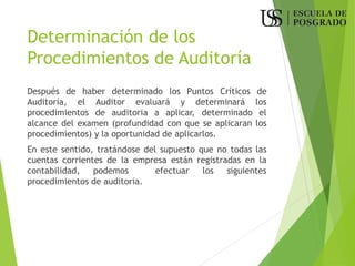 Determinación de los
Procedimientos de Auditoría
Después de haber determinado los Puntos Críticos de
Auditoría, el Auditor evaluará y determinará los
procedimientos de auditoria a aplicar, determinado el
alcance del examen (profundidad con que se aplicaran los
procedimientos) y la oportunidad de aplicarlos.
En este sentido, tratándose del supuesto que no todas las
cuentas corrientes de la empresa están registradas en la
contabilidad, podemos efectuar los siguientes
procedimientos de auditoria.
 
