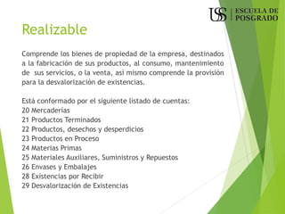 Realizable
Comprende los bienes de propiedad de la empresa, destinados
a la fabricación de sus productos, al consumo, mantenimiento
de sus servicios, o la venta, así mismo comprende la provisión
para la desvalorización de existencias.
Está conformado por el siguiente listado de cuentas:
20 Mercaderías
21 Productos Terminados
22 Productos, desechos y desperdicios
23 Productos en Proceso
24 Materias Primas
25 Materiales Auxiliares, Suministros y Repuestos
26 Envases y Embalajes
28 Existencias por Recibir
29 Desvalorización de Existencias
 