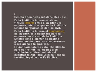 : 
Existen di ferencias substanciales , así : 
En la Auditoría Interna existe un 
vínculo laboral entre el auditor y la 
empresa, mientras que en la Auditoría 
Externa la relación es de tipo civi l . 
En la Auditoría Interna el diagnóstico 
del auditor, esta destinado para la 
empresa; en el caso de la Auditoría 
Externa este dictamen se destina 
generalmente para terceras personas 
o sea ajena a la empresa. 
La Auditoría Interna está inhabilitada 
para dar Fe Públ ica, debido a su 
vinculación contractual laboral, 
mientras la Auditoría Externa tiene la 
facultad legal de dar Fe Públ ica. 
 