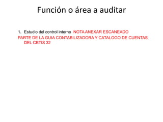 Función o área a auditar

1. Estudio del control interno NOTA ANEXAR ESCANEADO
PARTE DE LA GUIA CONTABILIZADORA Y CATALOGO DE CUENTAS
   DEL CBTIS 32
 