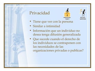 Privacidad
• Tiene que ver con la persona
• Similar a intimidad
• Información que un individuo no
desea tenga difusión generalizada
• Que sucede cuando el derecho de
los individuos se contraponen con
las necesidades de las
organizaciones privadas o publicas?
 