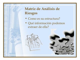 Matriz de Análisis de
Riesgos
• Como es su estructura?
• Qué información podemos
extraer de ella?
 