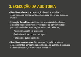 3. EXECUÇÃO DA AUDITORIA
• Reunião de abertura: Apresentação do auditor e auditado,
conﬁrmação do escopo, critérios, horários e objetivo da auditoria
interna.
• Execução da auditoria: Auditoria nos processos indicados no
programa de auditoria interna; veriﬁcação de conformidades e
possíveis melhorias, observações e não conformidades;
• Auditoria baseada em evidências
• Auditoria realizada por amostragem
• Relatório de auditoria interna
• Reunião de encerramento: Fechamento da auditoria interna,
agradecimentos, apresentação do relatório de auditoria e possíveis
não conformidades, observações e melhorias.
 