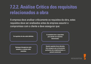 REQUISITOS
7.2.2. Análise Crítica dos requisitos
relacionados a obra
A empresa deve analisar criticamente os requisitos da obra, estes
requisitos deve ser analisados antes da empresa assumir o
compromisso com o cliente e deve assegurar que:
Os requisitos da obra estão deﬁnidos
Quaisquer divergências entre
proposta e o contrato estão
resolvidos
Quando requisitos forem alterados,
deve assegurar que os documentos
pertinentes são complementados e o
pessoal comunicado
A construtora tem a capacidade
para atender aos requisitos
determinados
 