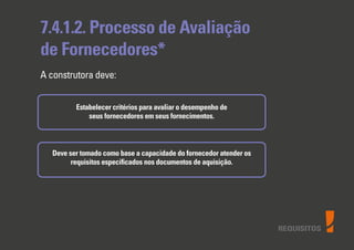 REQUISITOS
7.4.1.2. Processo de Avaliação
de Fornecedores*
A construtora deve:
Estabelecer critérios para avaliar o desempenho de
seus fornecedores em seus fornecimentos.
Deve ser tomado como base a capacidade do fornecedor atender os
requisitos especiﬁcados nos documentos de aquisição.
 
