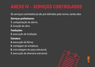 ANEXO IV – SERVIÇOS CONTROLADOS
Os serviços controlados já são pré deﬁnidos pela norma, sendo eles:
Serviços preliminares:
1. compactação de aterro;
2. locação de obra.
Fundações:
3. execução de fundação.
Estrutura:
4. execução de fôrma;
5. montagem de armadura;
6. concretagem de peça estrutural;
7. execução de alvenaria estrutural.
 