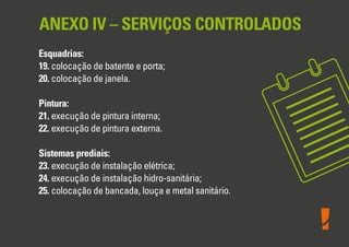 ANEXO IV – SERVIÇOS CONTROLADOS
Esquadrias:
19. colocação de batente e porta;
20. colocação de janela.
 
Pintura:
21. execução de pintura interna;
22. execução de pintura externa.
Sistemas prediais:
23. execução de instalação elétrica;
24. execução de instalação hidro-sanitária;
25. colocação de bancada, louça e metal sanitário.
 