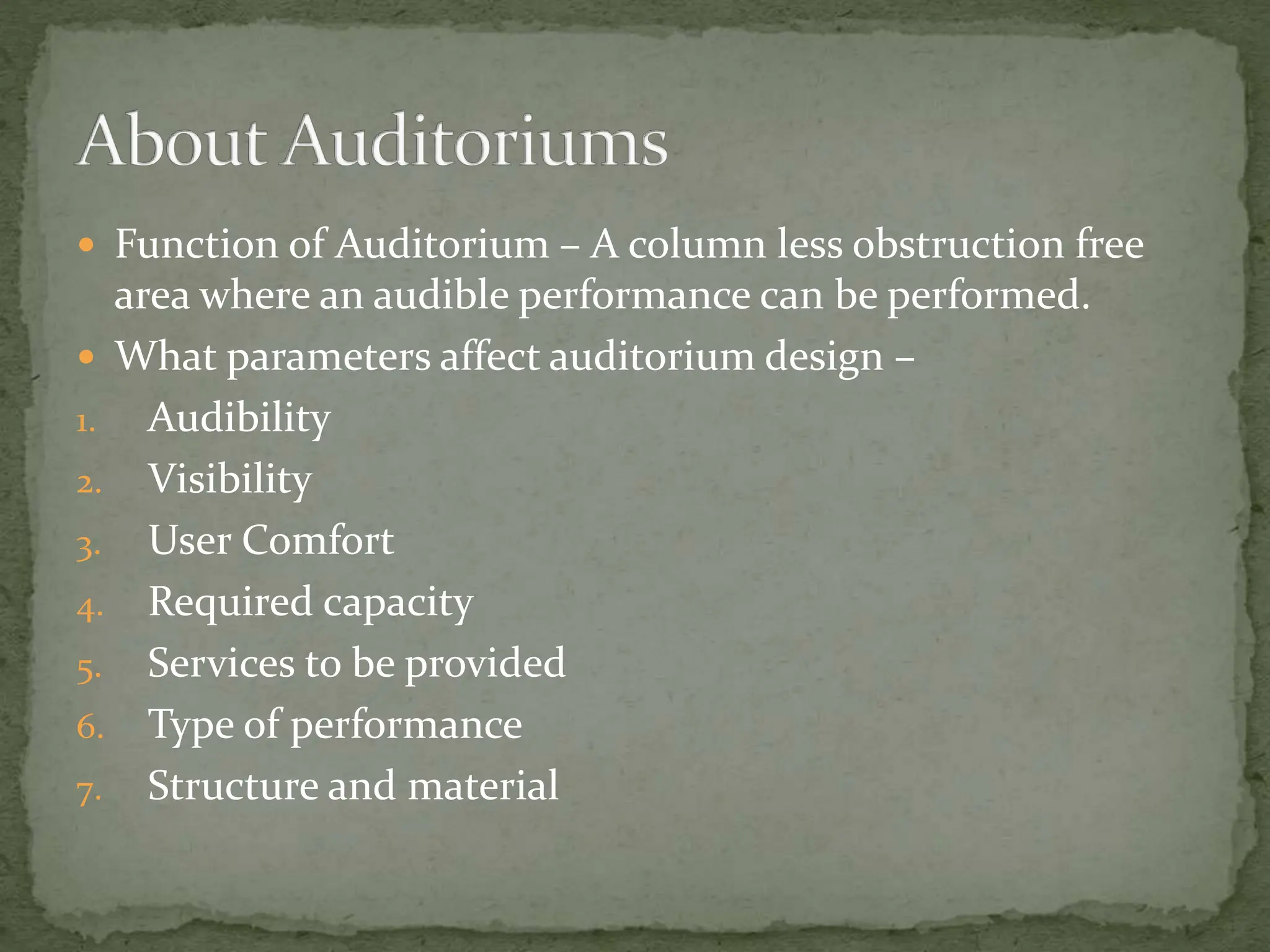 Auditorium design architectural regulations and thumb rule proportions.pptx