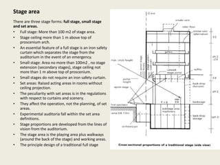 Stage area
There are three stage forms: full stage, small stage
and set areas.
• Full stage: More than 100 m2 of stage area.
• Stage ceiling more than 1 m above top of
proscenium arch.
• An essential feature of a full stage is an iron safety
curtain which separates the stage from the
auditorium in the event of an emergency.
• Small stage: Area no more than 100m2 , no stage
extension (secondary stages), stage ceiling not
more than 1 m above top of proscenium.
• Small stages do not require an iron safety curtain.
• Set areas: Raised acting areas in rooms without
ceiling projection.
• The peculiarity with set areas is in the regulations
with respect to curtains and scenery.
• They affect the operation, not the planning, of set
areas.
• Experimental auditoria fall within the set area
definitions.
• Stage proportions are developed from the lines of
vision from the auditorium.
• The stage area is the playing area plus walkways
(around the back of the stage) and working areas.
• The principle design of a traditional full stage
 