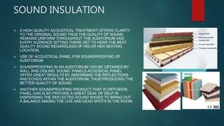 SOUND INSULATION
 A HIGH QUALITY ACOUSTICAL TREATMENT OFFERS CLARITY
TO THE ORIGINAL SOUND THUS THE QUALITY OF SOUND
REMAINS UNIFORM THROUGHOUT THE AUDITORIUM AND
EVERY AUDIENCE SITTING THERE GET TO HEAR THE BEST
QUALITY SOUND REGARDLESS OF HIS OR HER SEATING
LOCATION.
 USE OF ACOUSTICAL PANEL FOR SOUNDPROOFING OF
AUDITORIUM
 SOUNDPROOFING IN AN AUDITORIUM CAN BE OBTAINED BY
WALL AND CEILING SOUND PANELS.ACOUSICAL PANEL
OFFER GREAT RESULTS BY ABSORBING THE REFLECTIONS
AND ECHOS WITHIN THE AUDITORIUM, THUS PRODUCING THE
BETTER QUALITY OF SOUND.
 ANOTHER SOUNDPROOFING PRODUCT THAT IS DIFFUSION
PANEL CAN ALSO PROVIDE A GREAT DEAL OF HELP IN
DISPERSING THE REFLECTED SOUND WAVES TO BRING OUT
A BALANCE AMONG THE LIVE AND DEAD SPOTS IN THE ROOM.
 