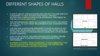 DIFFERENT SHAPES OF HALLS
 FLOOR PLANS OF VARIOUS SHAPES ARE USED BUT THE ONE WHICH IS
CONSIDERED TO GIVE SATISFACTORY RESULT WITHOUT
INTRODUCING COMPLICATIONS IN THE ACOUSTICAL TREATMENT OF
THE HALL IS FAN-SHAPED PLAN.
 THE PROSCENIUM MAY BEAR ANY SUITABLE RATIO WITH THE HEIGHT
OF THE HALL TO SUIT STAGE REQUIREMENTS AND CONSIDERATIONS
OF VISIBILITY.
 THE SIDE WALLS SHOULD BE ARRANGED TO HAVE AN ANGLE OF NOT
MORE THAN 100 DEGREES WITH THE CURTAIN LINE. IN THE CASE OF
TALKING PICTURES SYCHRONISATION OF SOUND WITH LIP MOVEMENT
IS MOST ESSENTIAL.
 ALSO, IN THE CASE OF THEATRES APERSON WITH NORMAL VISIONS
SHOULD BE ABLE TO DISCERN FACIAL EXPRESSIONS OF THE
PERFORMERS.
 IN ORDER TO SATISFY THESE CONDITIONS, IT IS RECOMMENDED THAT
THE DISTANCE OF THE FARTHEST SEAT FRON THE CURTAIN LINE
SHOULD NOT NORMALLY EXCEED 23 METRES.
 
