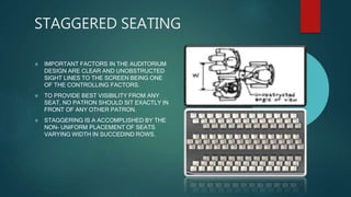 STAGGERED SEATING
 IMPORTANT FACTORS IN THE AUDITORIUM
DESIGN ARE CLEAR AND UNOBSTRUCTED
SIGHT LINES TO THE SCREEN BEING ...