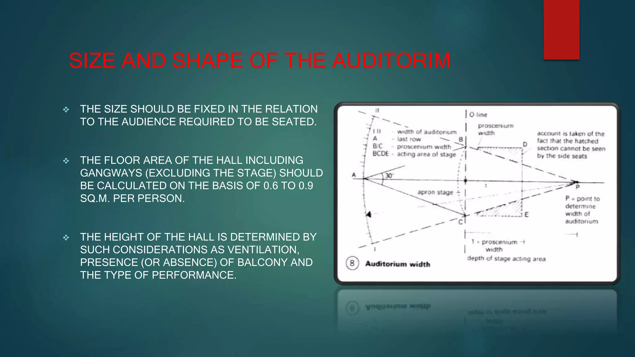 SIZE AND SHAPE OF THE AUDITORIM
 THE SIZE SHOULD BE FIXED IN THE RELATION
TO THE AUDIENCE REQUIRED TO BE SEATED.
 THE FLOOR AREA OF THE HALL INCLUDING
GANGWAYS (EXCLUDING THE STAGE) SHOULD
BE CALCULATED ON THE BASIS OF 0.6 TO 0.9
SQ.M. PER PERSON.
 THE HEIGHT OF THE HALL IS DETERMINED BY
SUCH CONSIDERATIONS AS VENTILATION,
PRESENCE (OR ABSENCE) OF BALCONY AND
THE TYPE OF PERFORMANCE.
 