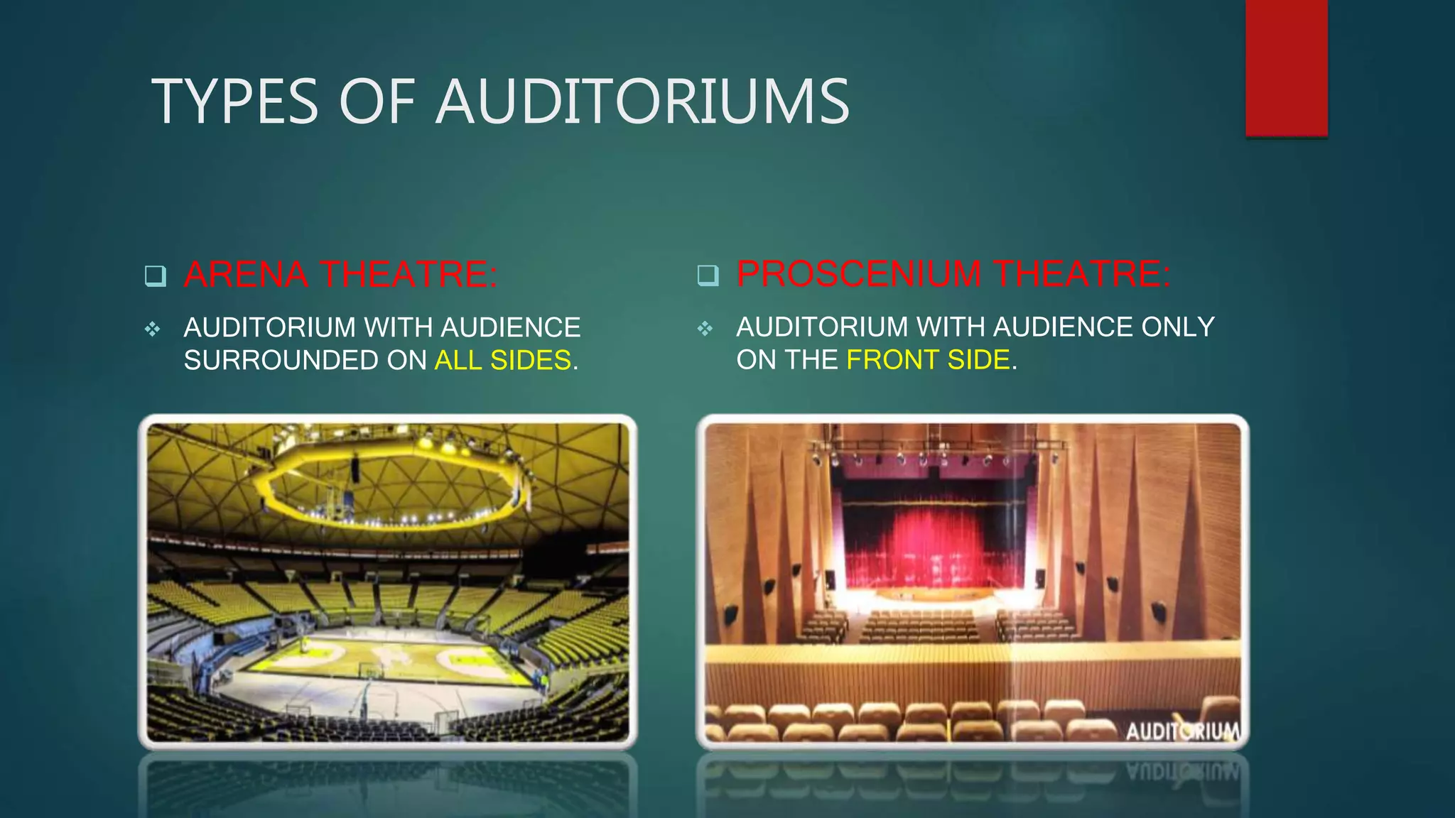 TYPES OF AUDITORIUMS
 ARENA THEATRE:
 AUDITORIUM WITH AUDIENCE
SURROUNDED ON ALL SIDES.
 PROSCENIUM THEATRE:
 AUDITORIUM WITH AUDIENCE ONLY
ON THE FRONT SIDE.
 